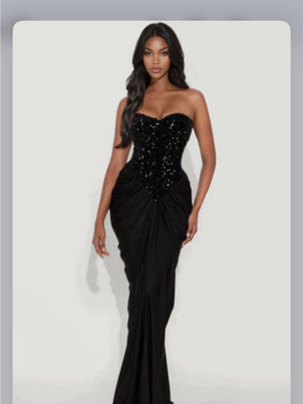 Fashion Nova NWT Can’t look away ruched Strapless Black Sequin Evening Gown